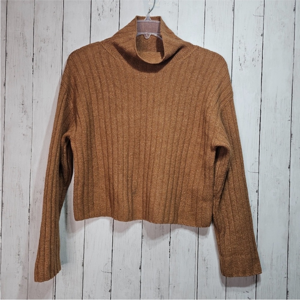 OPEN EDIT Ribbed Turtleneck Sweater in Warm Tan